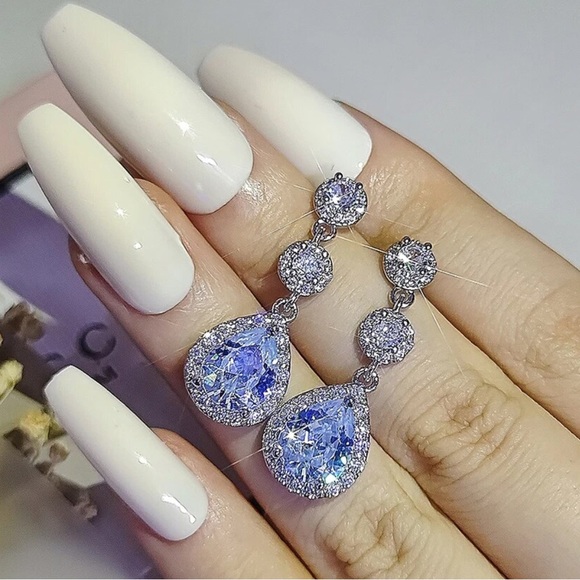 NEW PEAR 925 STERLING SILVER DIAMOND EARRINGS, NICE EARRINGS, CUTE EARRINGS - Picture 3 of 5